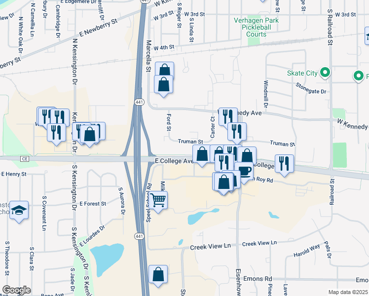 map of restaurants, bars, coffee shops, grocery stores, and more near 1037 Truman Street in Kimberly