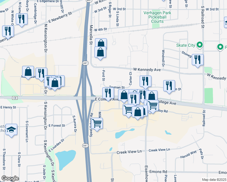 map of restaurants, bars, coffee shops, grocery stores, and more near 1037 Truman Street in Kimberly
