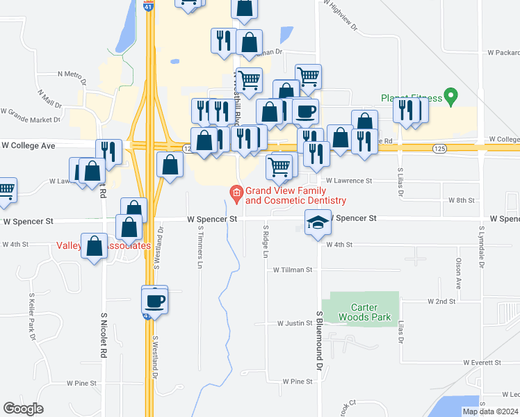 map of restaurants, bars, coffee shops, grocery stores, and more near 3600-3610 West Spencer Street in Appleton