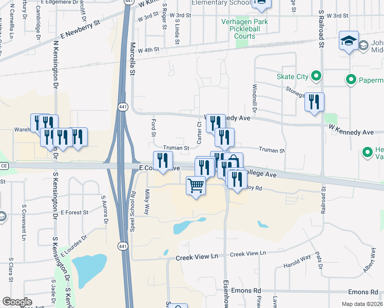 map of restaurants, bars, coffee shops, grocery stores, and more near 1001 Truman Street in Kimberly