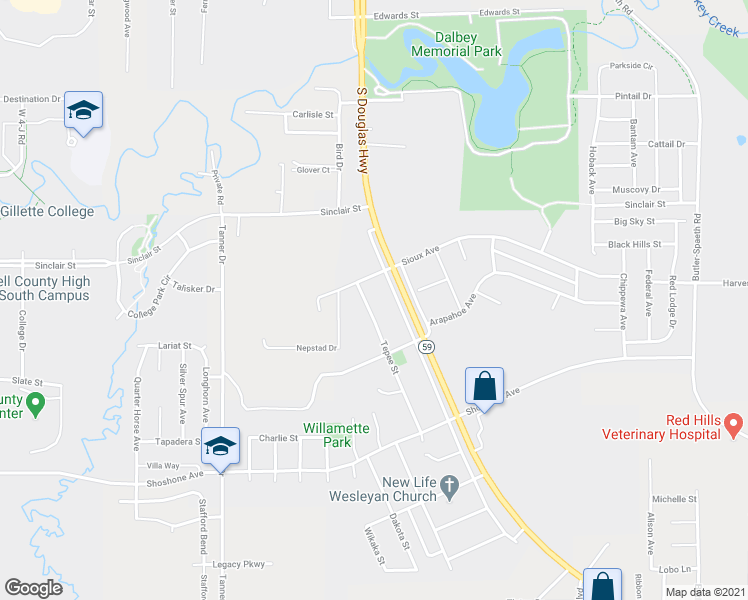 map of restaurants, bars, coffee shops, grocery stores, and more near 25B Tepee Street in Gillette