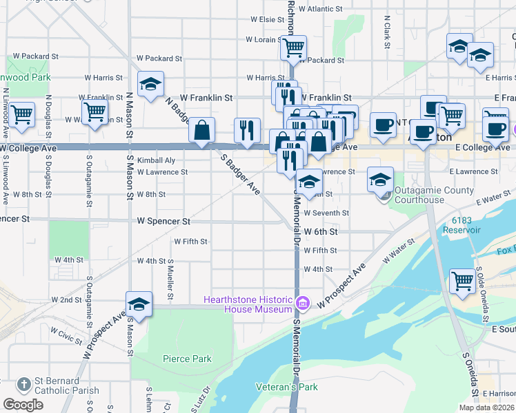 map of restaurants, bars, coffee shops, grocery stores, and more near 319 South Locust Street in Appleton
