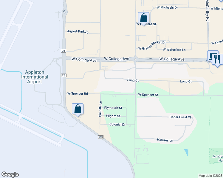 map of restaurants, bars, coffee shops, grocery stores, and more near W6168 Spencer Street in Appleton