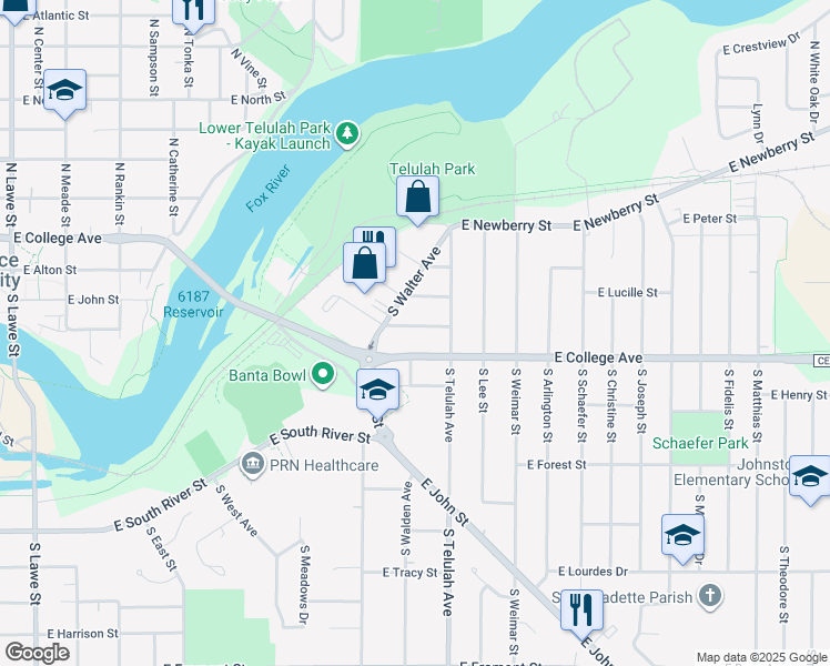 map of restaurants, bars, coffee shops, grocery stores, and more near 1503 East Gunn Street in Appleton
