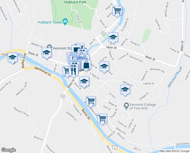 map of restaurants, bars, coffee shops, grocery stores, and more near 49 East State Street in Montpelier