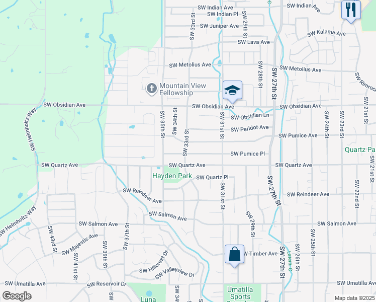 map of restaurants, bars, coffee shops, grocery stores, and more near 3257 Southwest Quartz Avenue in Redmond