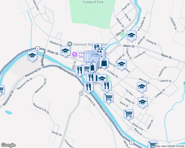 map of restaurants, bars, coffee shops, grocery stores, and more near 27 Main Street in Montpelier