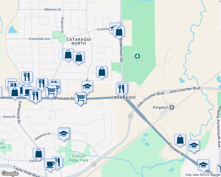 map of restaurants, bars, coffee shops, grocery stores, and more near 919 Sydenham Road in Kingston