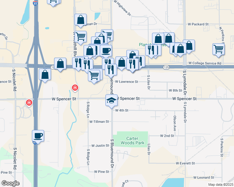 map of restaurants, bars, coffee shops, grocery stores, and more near 3030 West Spencer Street in Appleton