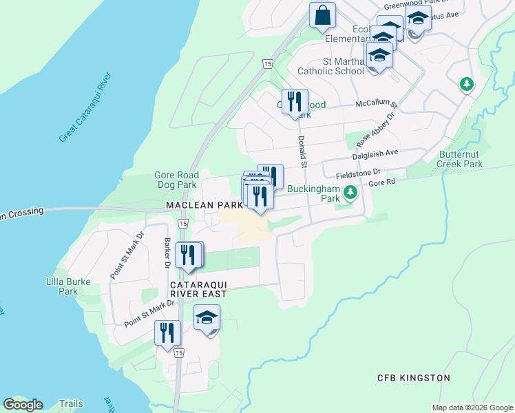 map of restaurants, bars, coffee shops, grocery stores, and more near 225 Gore Road in Kingston