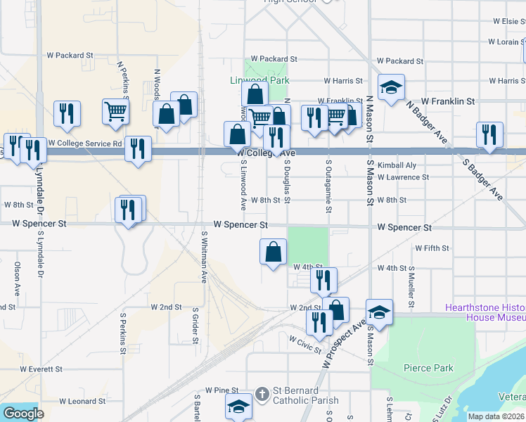 map of restaurants, bars, coffee shops, grocery stores, and more near 1708 West Spencer Street in Appleton
