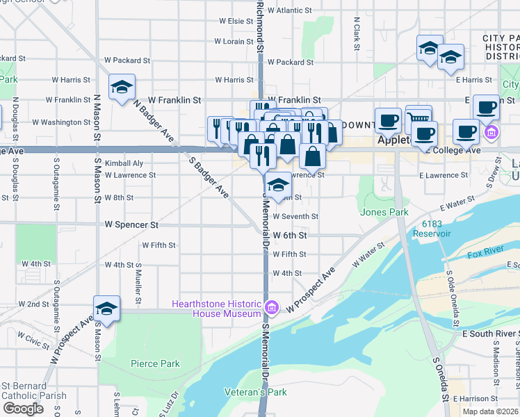 map of restaurants, bars, coffee shops, grocery stores, and more near 321 South Memorial Drive in Appleton