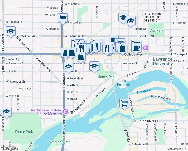 map of restaurants, bars, coffee shops, grocery stores, and more near 320 South Elm Street in Appleton