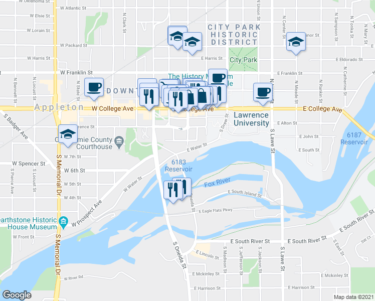 map of restaurants, bars, coffee shops, grocery stores, and more near 121 East Water Street in Appleton