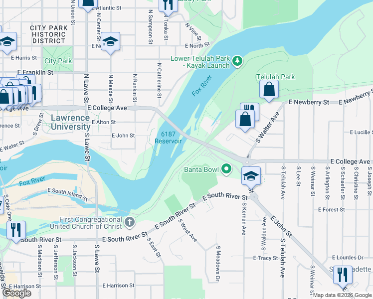 map of restaurants, bars, coffee shops, grocery stores, and more near 1149 East Banta Court in Appleton