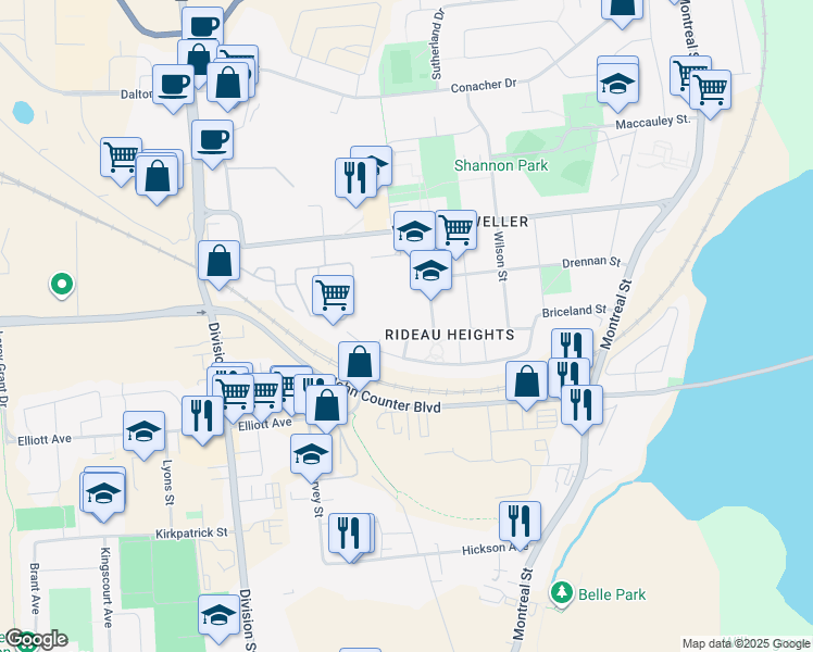 map of restaurants, bars, coffee shops, grocery stores, and more near 46 Wiley Street in Kingston