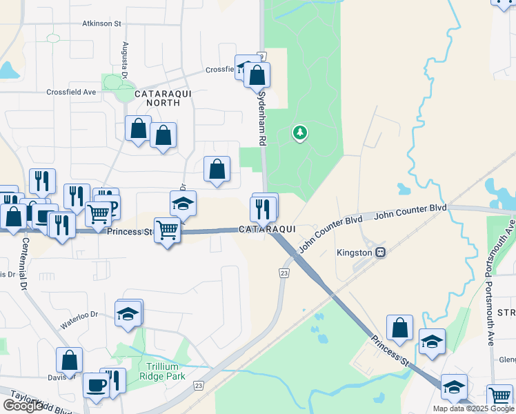 map of restaurants, bars, coffee shops, grocery stores, and more near 919 Sydenham Road in Kingston