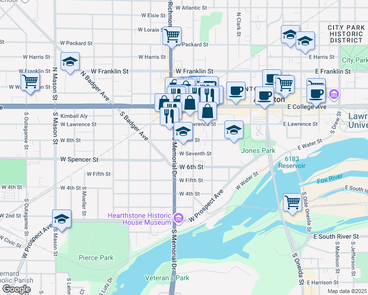 map of restaurants, bars, coffee shops, grocery stores, and more near 313 S State St in Appleton