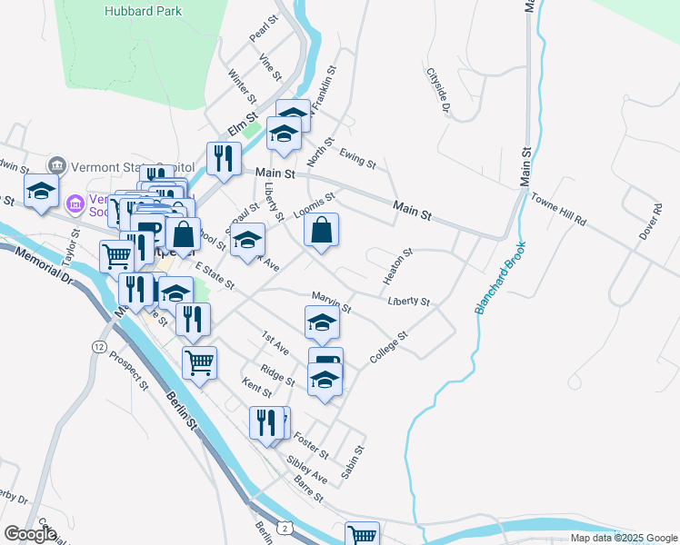 map of restaurants, bars, coffee shops, grocery stores, and more near 45 Liberty Street in Montpelier