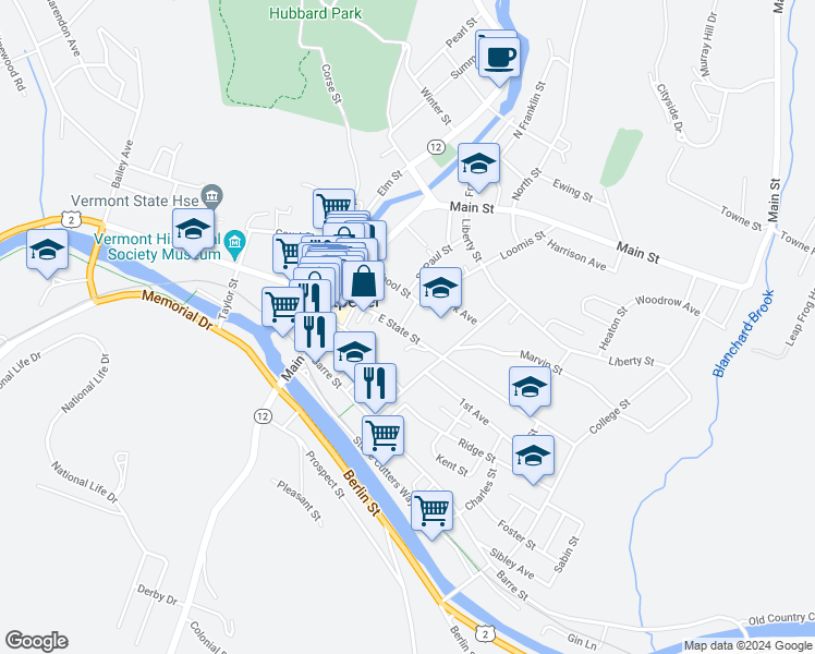 map of restaurants, bars, coffee shops, grocery stores, and more near 49 East State Street in Montpelier