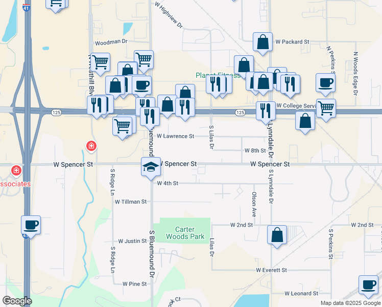 map of restaurants, bars, coffee shops, grocery stores, and more near 2980 West Spencer Street in Appleton