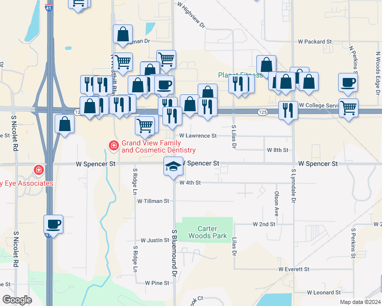map of restaurants, bars, coffee shops, grocery stores, and more near 3030 West Spencer Street in Appleton
