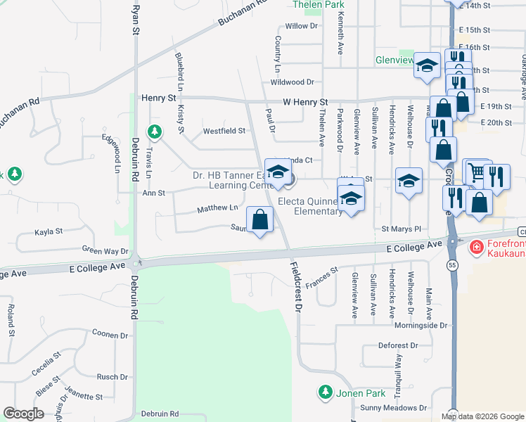 map of restaurants, bars, coffee shops, grocery stores, and more near 2401 Fieldcrest Drive in Kaukauna