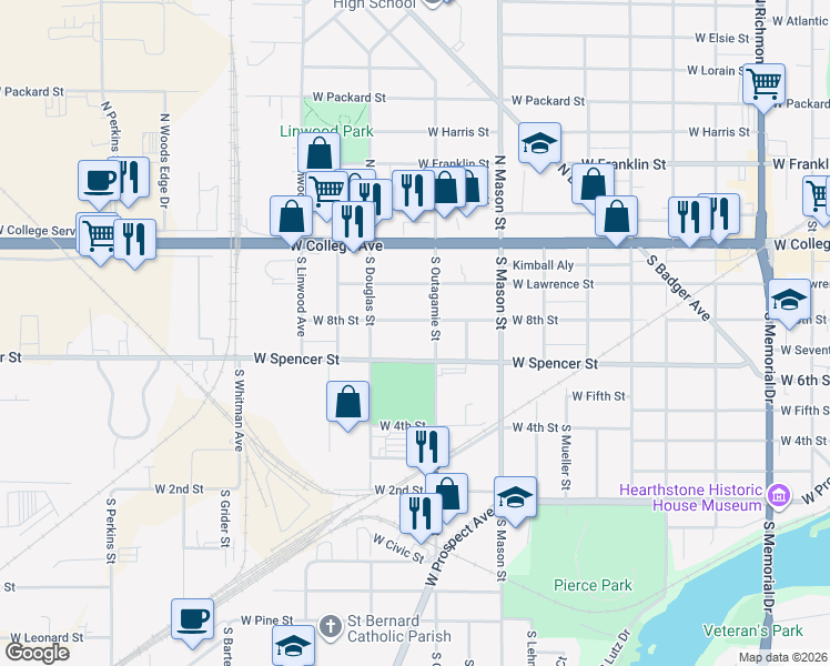map of restaurants, bars, coffee shops, grocery stores, and more near 1426 West Spencer Street in Appleton