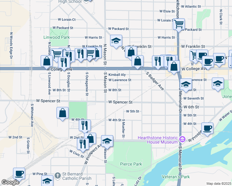 map of restaurants, bars, coffee shops, grocery stores, and more near 1224 West Spencer Street in Appleton