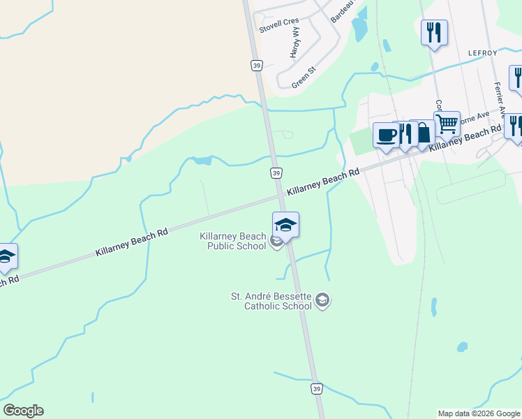map of restaurants, bars, coffee shops, grocery stores, and more near 1545 Killarney Beach Road in Innisfil