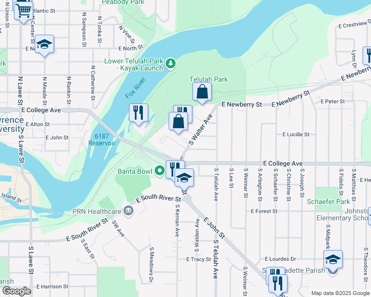 map of restaurants, bars, coffee shops, grocery stores, and more near 1398 East Gunn Street in Appleton