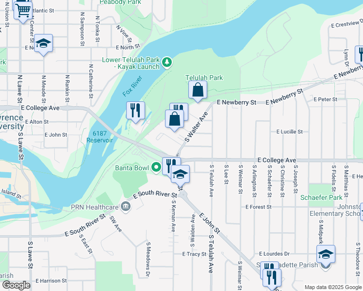 map of restaurants, bars, coffee shops, grocery stores, and more near East Gunn Street in Appleton