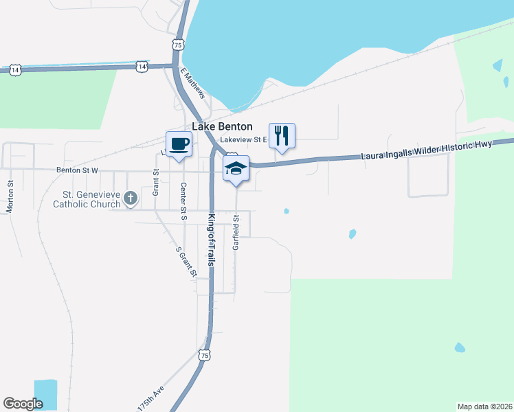 map of restaurants, bars, coffee shops, grocery stores, and more near 302 Bluff Street in Lake Benton