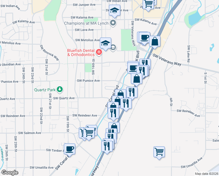 map of restaurants, bars, coffee shops, grocery stores, and more near 1413 Southwest Quartz Avenue in Redmond