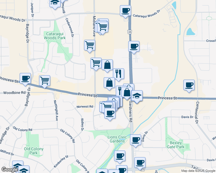 map of restaurants, bars, coffee shops, grocery stores, and more near 2656 Princess Street in Kingston