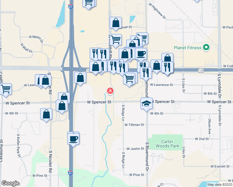 map of restaurants, bars, coffee shops, grocery stores, and more near 351 South Kools Street in Appleton