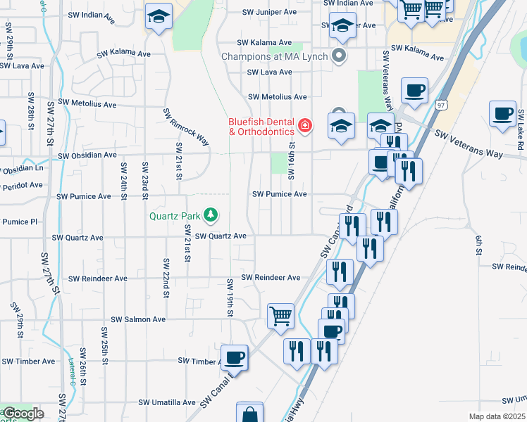 map of restaurants, bars, coffee shops, grocery stores, and more near 1832 Southwest 17th Street in Redmond