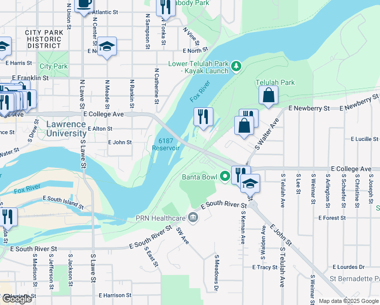map of restaurants, bars, coffee shops, grocery stores, and more near 1153 East Banta Court in Appleton