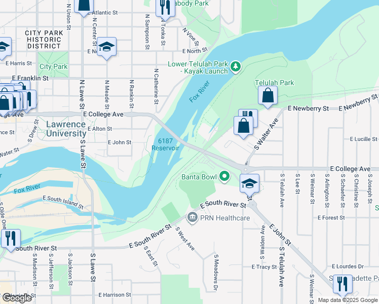 map of restaurants, bars, coffee shops, grocery stores, and more near 1153 East Banta Court in Appleton