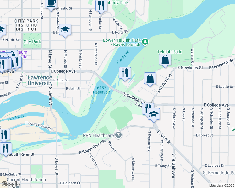 map of restaurants, bars, coffee shops, grocery stores, and more near 1155 East Banta Court in Appleton