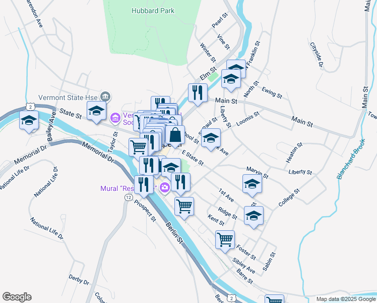 map of restaurants, bars, coffee shops, grocery stores, and more near 49 East State Street in Montpelier