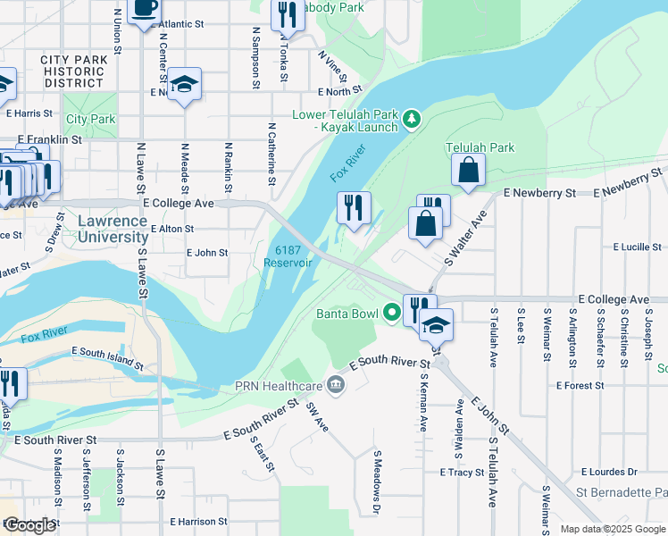 map of restaurants, bars, coffee shops, grocery stores, and more near 1153 East Banta Court in Appleton
