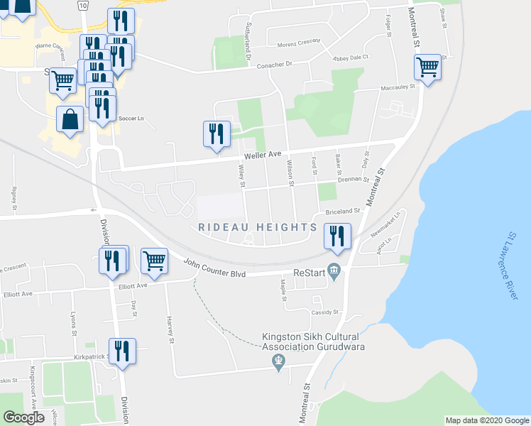 map of restaurants, bars, coffee shops, grocery stores, and more near 78 Butler Street in Kingston