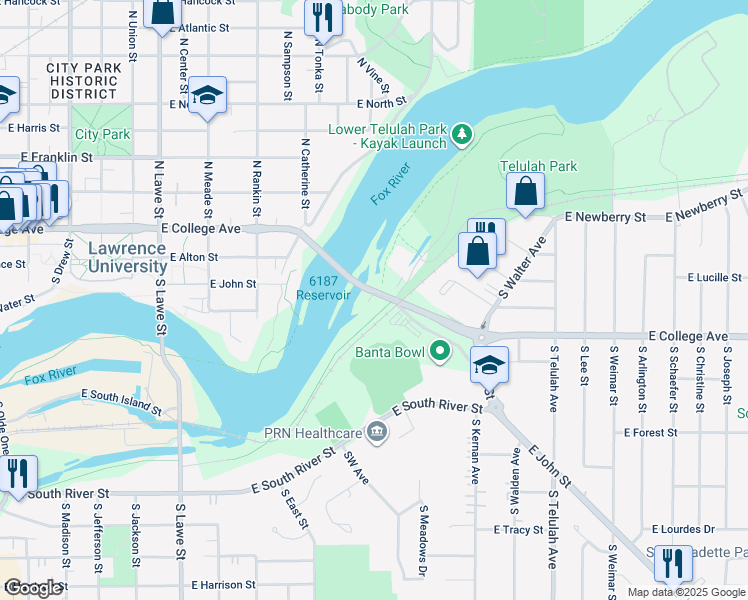 map of restaurants, bars, coffee shops, grocery stores, and more near 1155 East Banta Court in Appleton