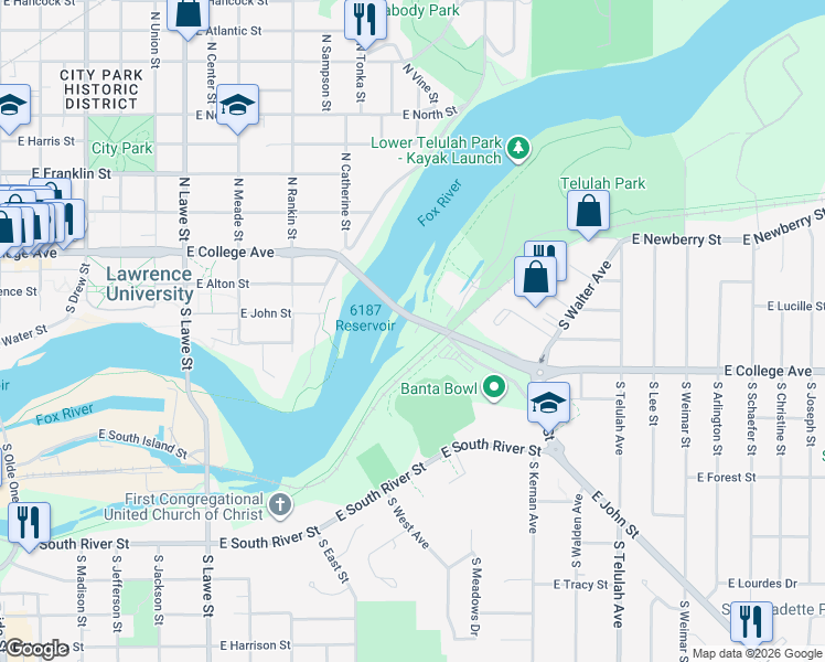 map of restaurants, bars, coffee shops, grocery stores, and more near 1149 East Banta Court in Appleton