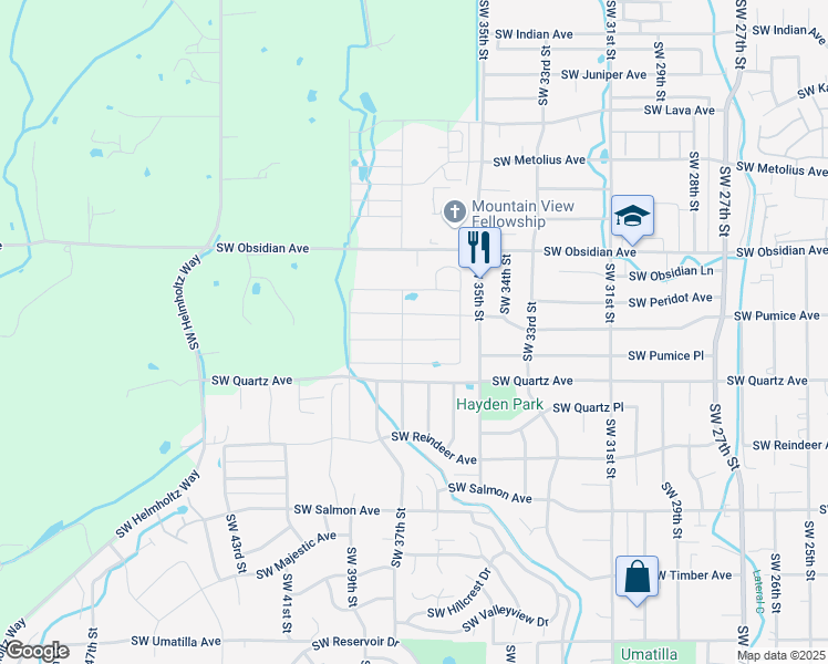 map of restaurants, bars, coffee shops, grocery stores, and more near 3667 Southwest Pumice Stone Avenue in Redmond