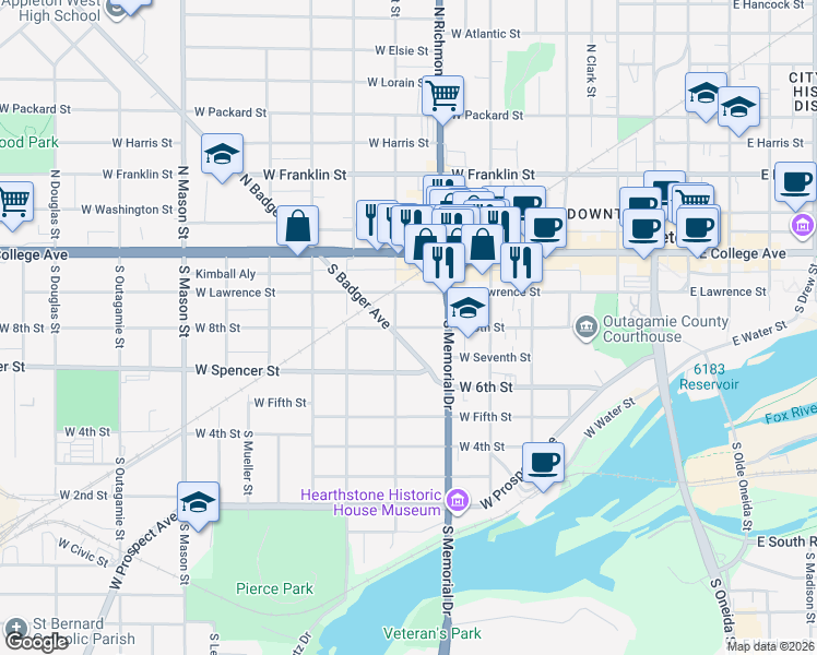 map of restaurants, bars, coffee shops, grocery stores, and more near 319 South Locust Street in Appleton