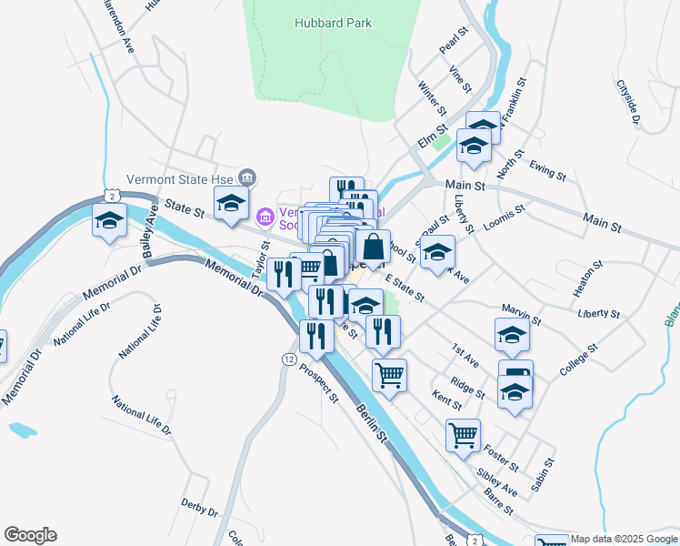 map of restaurants, bars, coffee shops, grocery stores, and more near 27 Main Street in Montpelier