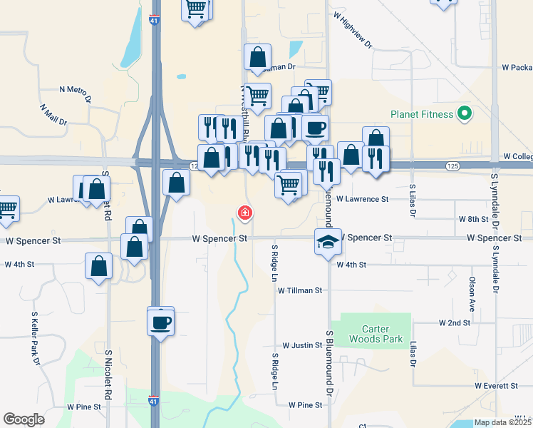map of restaurants, bars, coffee shops, grocery stores, and more near 3610 West Spencer Street in Appleton