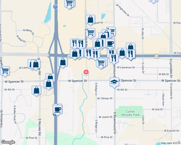 map of restaurants, bars, coffee shops, grocery stores, and more near 3610 West Spencer Street in Appleton